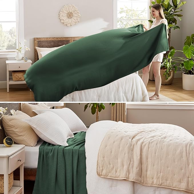 Bedsure GentleSoft 100% Cotton Blanket King Size for Bed - Breathable and Lightweight, Soft Cozy Textured Herringbone Woven Blanket for Summer, Dark Green, 108x90 inches