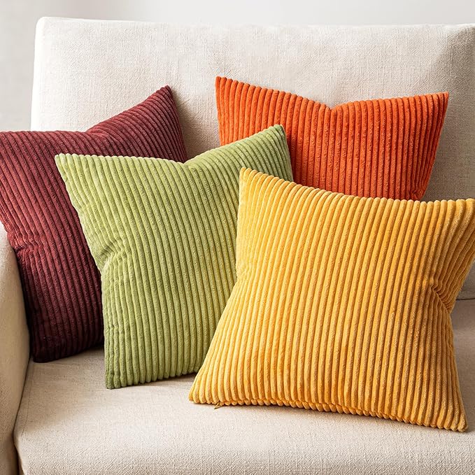 EMEMA Burnt Orange Decorative Throw Pillow Covers 24x24 Inch Set of 4 Boho Farmhouse Corduroy Striped Square Pillow Case,Western Modern Cushion Covers for Couch Bed Livingroom Home Decor