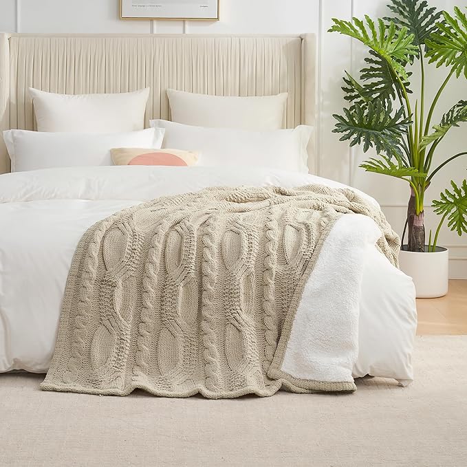 Amélie Home Cable Knit Throw Blanket for Couch Twin, Chenille Sherpa Soft Cozy Throw Blankets for Sofa Chair Comfortable Home, 60"x80", Beige