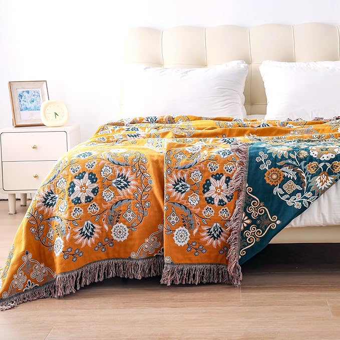 Boho Throw Blanket, 100% Cotton Soft King Yellow Throw for Bed-Floral Farmhouse Decor Blanket, Reversible Bohemian Throw for Sofa Chair Couch Quilt and Gift, 91" x 98"