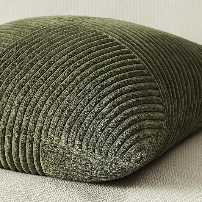 Topfinel 24x24 inches Pillow Covers Set of 2 Olive Green Corduroy Decorative Throw Pillow Covers for Sofa Couch Bed, Windmill Textured Striped Patchwork Couch Spring Pillow Case 60x60 cm