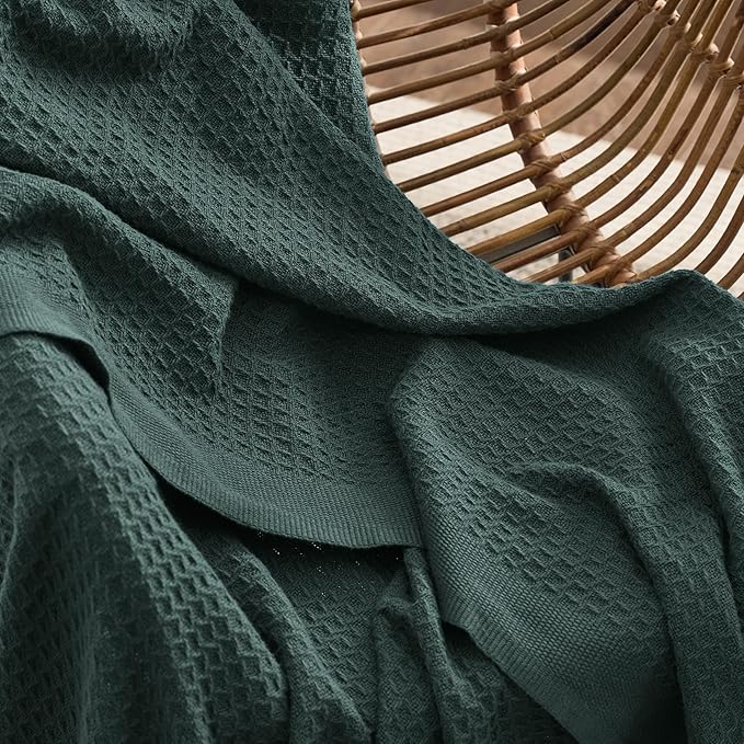 Bedsure Gentlesoft 100% Cotton Throw Blanket for Couch 50x70 inches - Breathable and Soft for Spring Summer, Waffle Weave Throw Blanket for Office, Dark Green