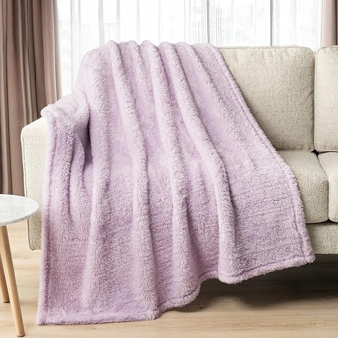 PAVILIA Sherpa Bed Blanket Queen Size, Light Purple Lavender Plush Soft Cozy Blanket for Bed, Fluffy Lightweight Microfiber, Fuzzy All Season Blanket, 90x90 Queen