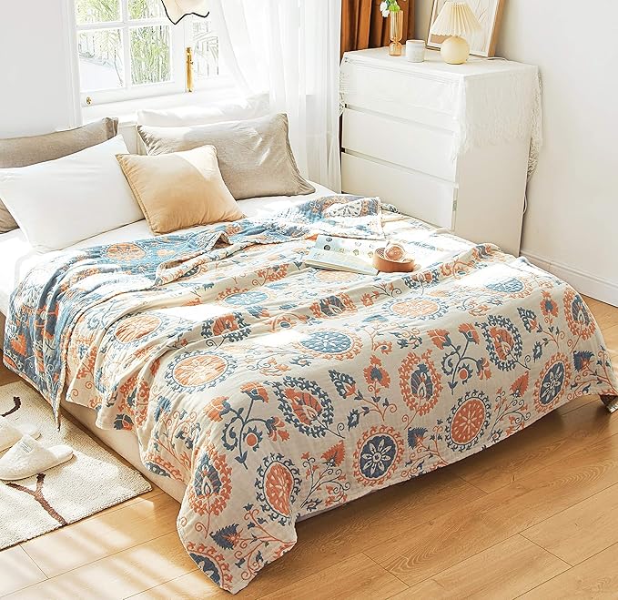 Scientific Sleep Floral Boho Mandala Datura Flower Bohemia Reversible 100% Cotton Muslin Blanket Throw Cover for Bed Couch Sofa Cozy Soft Quilt Bedspread Coverlet Full Queen 80 in x 90 in