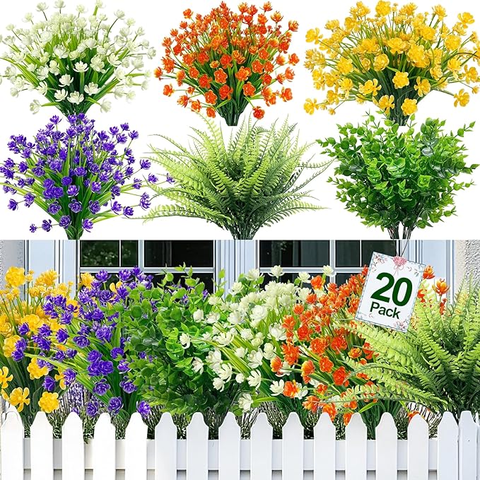 TURNMEON 20 Bundles Artificial Flowers for Outdoors, Spring Grass Camellia Fake Flowers Fern Plants Eucalyptus UV Resistant No Fade Greenery for Garden Porch Indoor Cemetery Summer Decor(Mix 6 Styles)