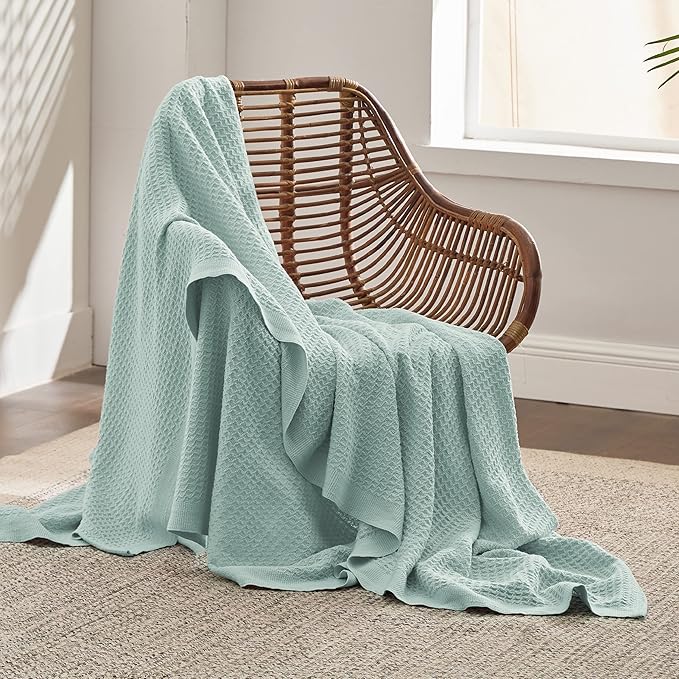 Bedsure Gentlesoft 100% Cotton Blanket Twin XL Size for College Dorm - Cooling Breathable and Soft for Spring Summer, Waffle Weave Twin Blanket for Bed, Dorm Room Essentials, Mint, 66x90 inches