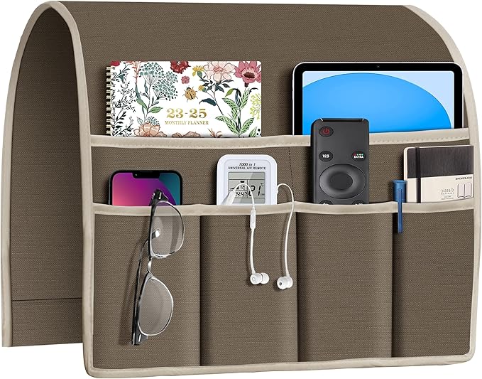 Joywell Armrest Organizer Remote Holder for Recliner Armchair Caddy Couch Sofa Arm Chair Caddie with 6 Pocket Storage for Magazine, Phone, iPad,Dark Camel