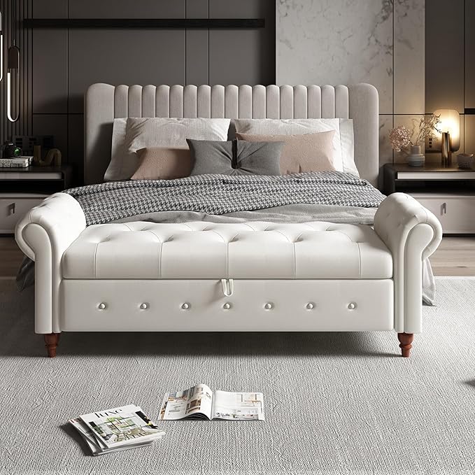 Aoowow Rolled Arm Storage Benches for Bedroom End of Bed Ottoman Bench 63" Long Bench with Storage and Seating for Living Room,Entryway,Window,Button Tufted with Solid Wood Legs (Linen Beige)