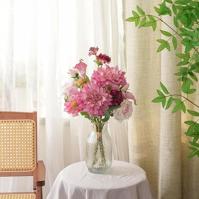 LUEUR Artificial Flowers in Vase Centerpiece – Pink Dahlia, Tulip & Rose Arrangement, Faux Floral Table Decorations for Coffee Table, Dining Room, Living Room & Farmhouse Home Decor