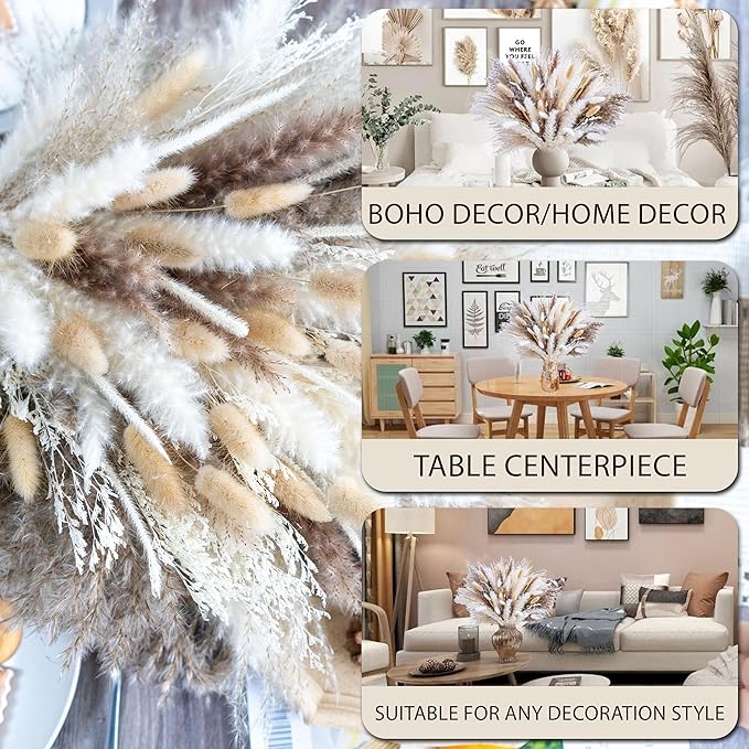 150PCS Natural Pampas Grass Bouquet | Boho Dried Floral Arrangement Centerpiece for Table, Wedding, Rustic Decor (150PCS)