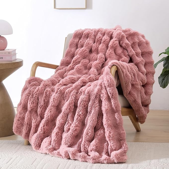 Smoofy Faux Fur Throw Blanket for Couch – Old Pink Fluffy Cozy Rabbit Fleece, Plush Soft Bubble Blanket for Sofa & Bed, for Mom, Warm Fuzzy Home Room Decor Throw 50" x 60"