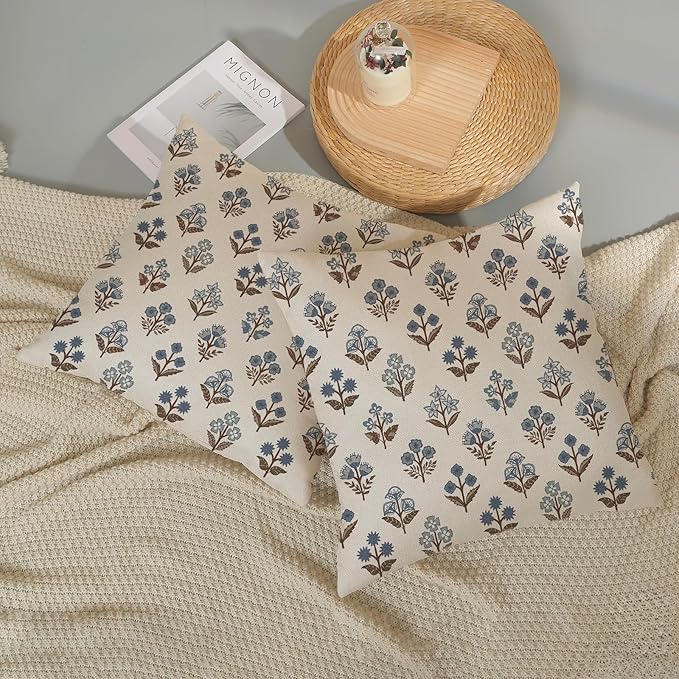 Brown Blue Pillow Covers 16x16 Inch Set of 2 Boho Block Print Floral Throw Pillows Vintage Flower Decorative Pillow Cases Outdoor Linen Farmhouse Cushion Cover for Couch Sofa Bed Decor