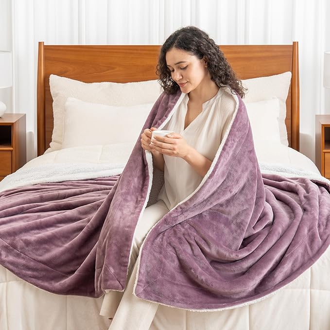 Berkshire Blanket-Sherpa Fleece Blanket, Warm and Soft Loftmink Reversible Blanket for Bed, Sofa and Travel, Plum Smoke, 90 in x 108 in