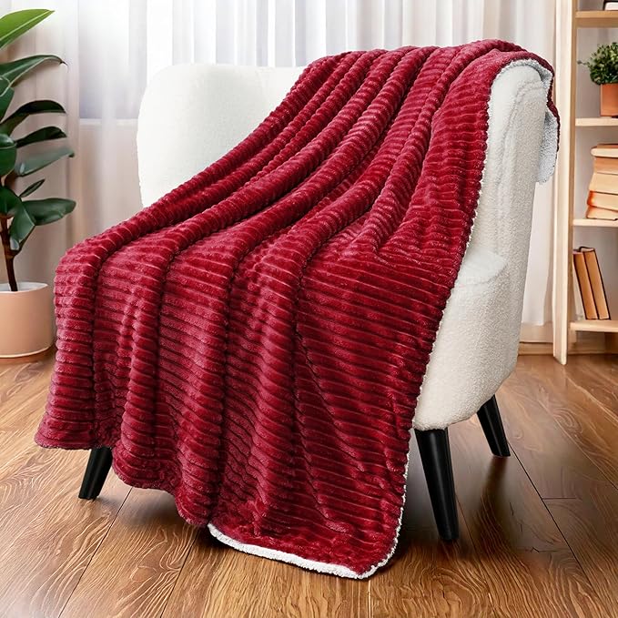 PAVILIA Wine Red Burgundy Sherpa Fleece Throw Blanket for Couch Twin, Soft Plush Fuzzy Blankets, Fluffy Flannel Sherpa Blanket for Bed, Warm 3D Ribbed Winter Blanket Gift, 60x80 inches
