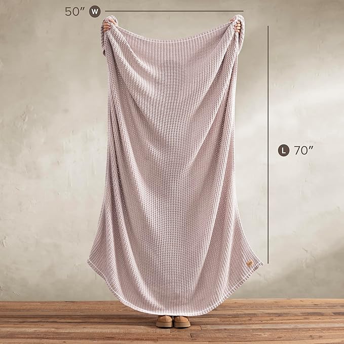 UGG Luna Knit Blanket Throw Cotton Chunky Soft Throw for Couch or Bed Cozy Warm Waffle Giftable Lightweight Blanket for Living Room Bedroom or Dorm Machine Washable, 50-inch x 70-inch, Quartz Pink