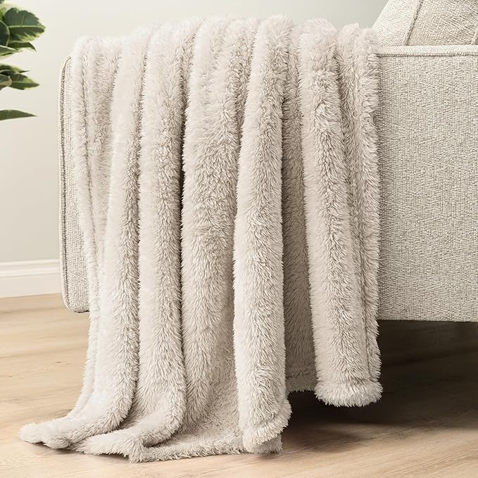 PAVILIA Sherpa Throw Blanket for Couch Sofa, Cream Beige Fluffy Warm Plush Blanket for Bed, Cozy Super Soft Lightweight Throw, Fuzzy Decorative Blanket, All Season Home, 50x60