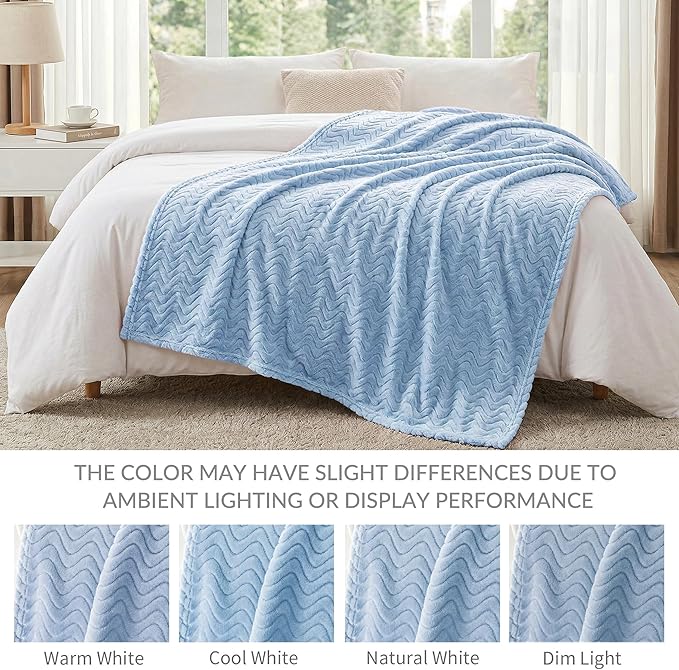 Exclusivo Mezcla King Blanket for Bed, Cozy Lightweight Fleece Blankets for All Season, Decorative Giftable Fuzzy Plush Wave Textured Suitable for Women, Men, Light Blue, 90x104 Inches