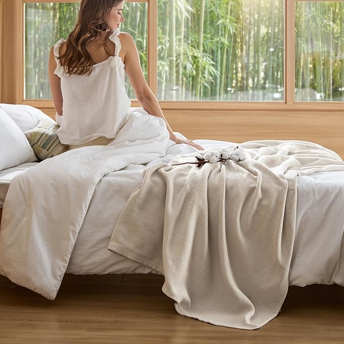 Bedsure GentleSoft 100% Cotton Large Throw Blanket for Couch 50x70 inches - Breathable and Lightweight, Soft Cozy Herringbone Woven Cotton Throw for Summer Spring, Linen Beige Office Chair Blanket
