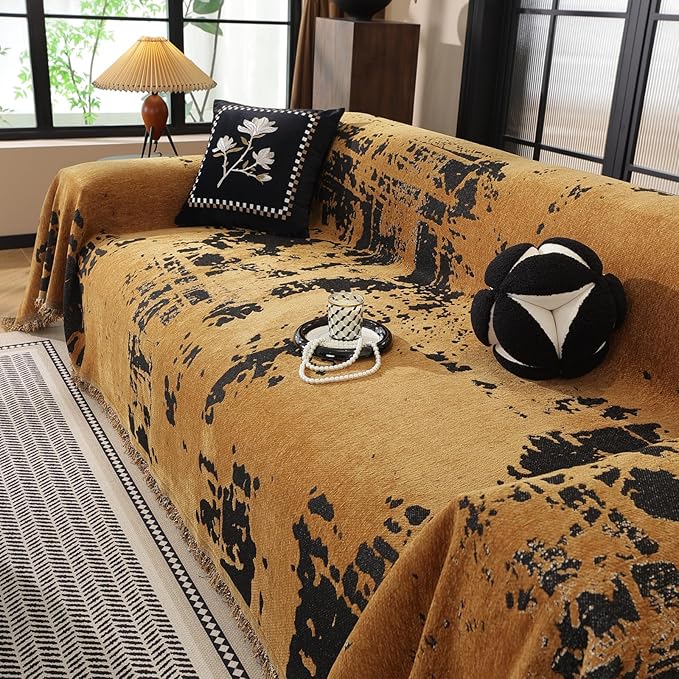 HANDONTIME Abstract Couch Cover for Dogs Pumpkin and Black Couch Cover Blanket for 2 Cushion Sofa Modern Aesthetics Sofa Covers Washable Pet Friendly Chenille Protector Furniture Covers, 71" X 118"