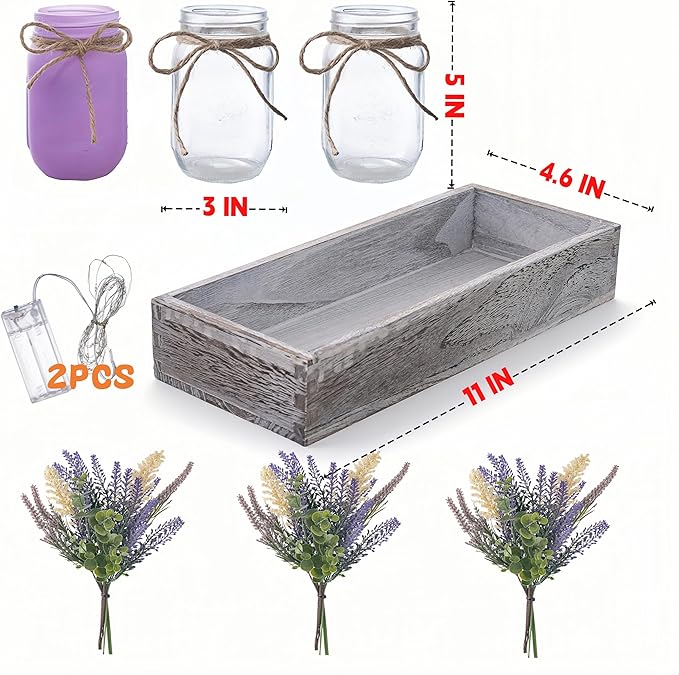 LUEUR Mason Jar Lights Centerpiece Table Decor with Wood Tray – 3 Lighted Glass Jars with Purple Lavender Flowers, Home Decoration for Dining Table, Coffee Table, Kitchen & Living Room