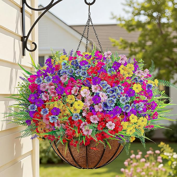 Alupssuc 24 Bundles Artificial Flowers for Outdoors Spring Decoration, UV Resistant Eucalyptus Violet and Lavender Silk Fake Plants for Outside Indoor Decor, Red Rose Purple Blue Yellow Pink
