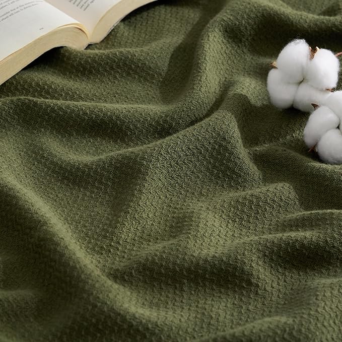 Bedsure GentleSoft 100% Cotton Blanket Twin XL Size for Bed - Breathable and Lightweight, Soft Cozy Textured Herringbone Woven Summer Blanket for College Dorm, Olive Green, 66x90 inches