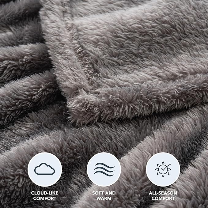 Berkshire Blanket Classic Extra-Fluffy™ Plush Blanket,Twin Size Bed Blanket,Soft Fuzzy Fluffy Long Hair Blanket for Couch Sofa Bed,Shadow Grey,60x92 Inches, E0554-TX-05U
