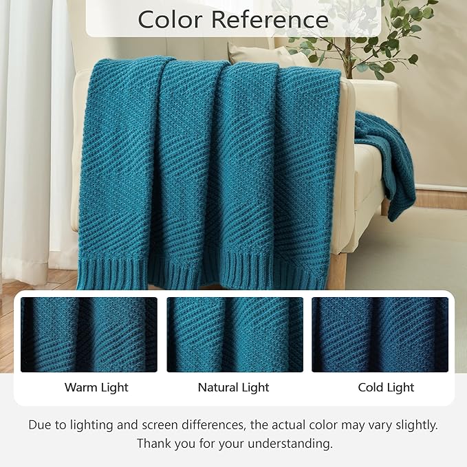 Knitted Throw Blanket 50"X60", Teal Knit Throws for Bed, Super Soft Boho Chevron Blankets for Couch Sofa Chair Room Decor, Textured Decorative Farmhouse Cozy Lightweight