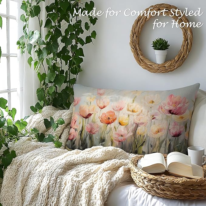 Spring Tulip Floral Lumbar Pillow Cover 12x20 Double-Sided, Cottagecore Room Home Decor, Farmhouse Easter Abstract Pink Flower Decorative Throw Pillow Cover for Living Room Home Bedroom