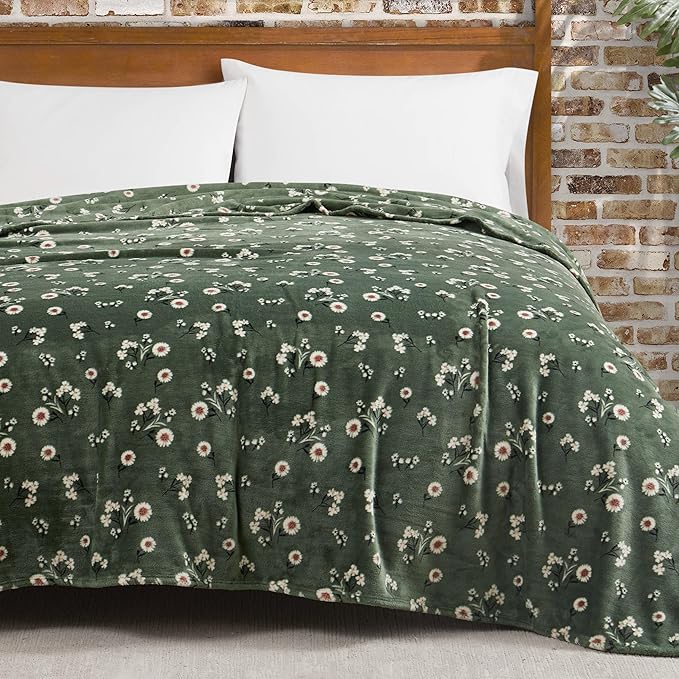 Lucky Brand Daisy Green Floral 90"X90" Cozy Plush Blanket - Premium Microfiber Throw for Luxurious Comfort and Style Full/Queen Size