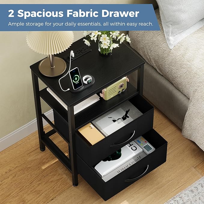 DUMOS Nightstand Set of 2 with Built in Charging Station USB Ports and Outlets Adjustable Fabric Drawer Storage Bedside Table with Open Shelf for Bedroom,Black