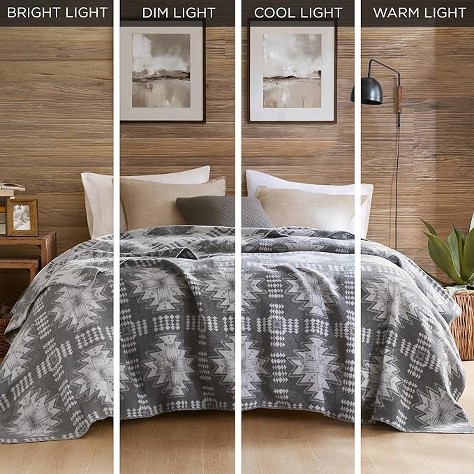 Woolrich Cotton Blend Jacquard Blanket with Whipstitch Edge, Lightweight All-Season Bed Blanket, Machine Washable, Oeko-TEX Certified, Grey Aztec, Full/Queen
