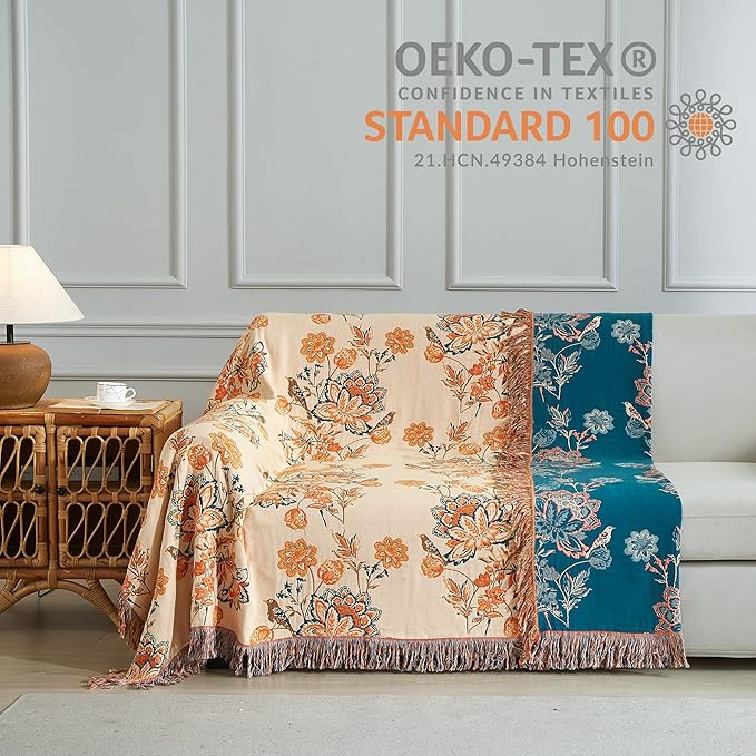 Boho Throw Blanket for Bed 60”x80”, 100% Cotton Woven Blanket for Couch Sofa, Ultra Soft 4-Layer Muslin Quilt with Floral Printed, Farmhouse Bed Blanket/Cover for Living Room Decor