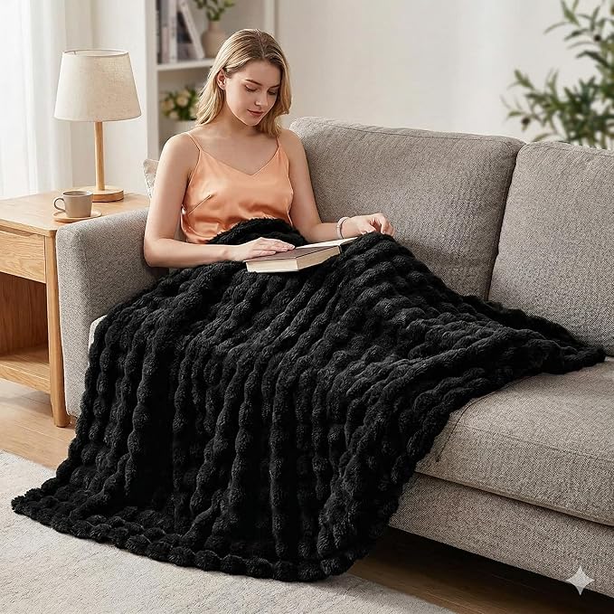 Luxury Double-Sided 3D Bubble Faux Fur Blanket, Ultra Plush Cozy Throw for Couch, Sofa & Bed, Premium Soft Gift Blanket for Women & Men, Neutral Colors