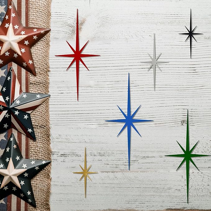 sxnzequnze 4 Pack Metal Star Wall Art 8 Pointed Starburst Wall Decor Set with 2 Large & 2 Small Pieces Mid Century Celestial Metal Wall Sculpture for Bedroom Living Room Office Gallery Wall
