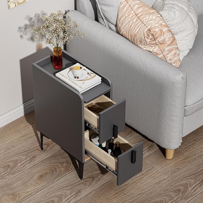 VICITON Narrow Nightstand with 2 Drawers, Narrow Side Table Leather Surface, Slim Bedside Table for Bedrooms, Dormitories, Living Rooms (Light Gray, 15.7" D x 7.8" W x 22.4" H)