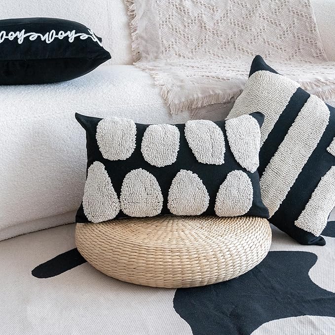 Black White Boho Chunky Tufted Pillow Cover, Neutral Decorative Oblong Throw Pillow Case, Geometric Woven Modern Sham for Bed Couch Living Room, 12x20 inches, 1PCS