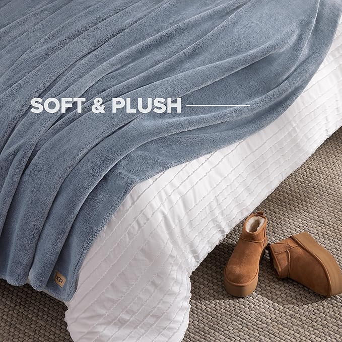 UGG Whitecap Full/Queen Blanket, Fleece Fluffy Blanket for Bed, Luxury Cozy Oversized Throw for Couch, Washable Hypoallergenic Queen Bedding, Bedroom Decor, 90" x 90", Denim Blue
