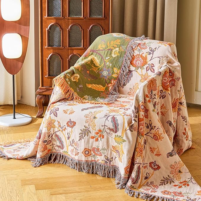 Boho Throw Blanket 60" x 80", 100% Organic Cotton Breathable Skin-Friendly Ultra Soft Bed Quilt Throw - Floral Rustic Decor Luxury Reversible Blanket for Sofa Couch Chair and Gift,