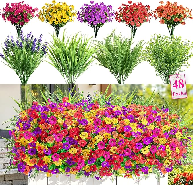 Alupssuc 48 Bundles Artificial Flowers for Outdoors Planters Spring Decoration, UV Resistant Faux Eucalyptus Violet and Lavender Silk Fake Plants for Outside Indoor Decor, Mix 5 Colors