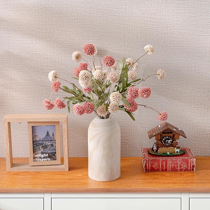 LUEUR Artificial Fall Flowers with Wooden Vase – Long Stem Mums Beige & Pink Chrysanthemum Pom Pom Floral Arrangement Centerpiece Table Decorations for Thanksgiving Dining Farmhouse Table Decor