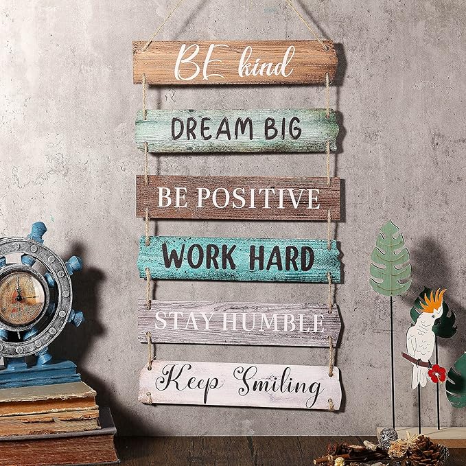 6 Pieces Rustic Wall Hanging Plaque Sign Inspirational Wall Art Farmhouse Wooden Door Signs Positive Plaque with Quotes Motivational Quote Decor for Office Bedroom Living Room(Retro Style)