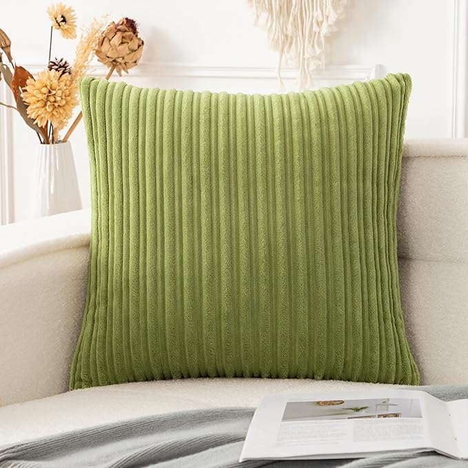 UGASA Decor Soft Solid Velvet Toss Throw Pillow Cover Fashion Striped Decorative Pillow Case Handmade Cushion Cover for Couch, 20x20 inches, 1 Piece, Green