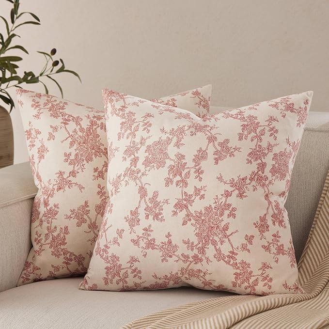 100% Cotton French Pastoral Throw Pillow Covers Set of 2, 16x16 Inch Red Farmhouse Decorative Cushion Covers for Sofa Bed Living Room Home Decor