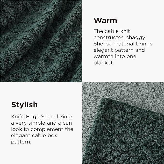 Bedsure Gentlesoft Sherpa Fleece Throw Blanket for Couch - Fluffy & Cozy Cable Jacquard Tufted Throw for Women Gift, Thick and Warm Christmas Blanket for Winter, Dark Green, 50x60 Inches