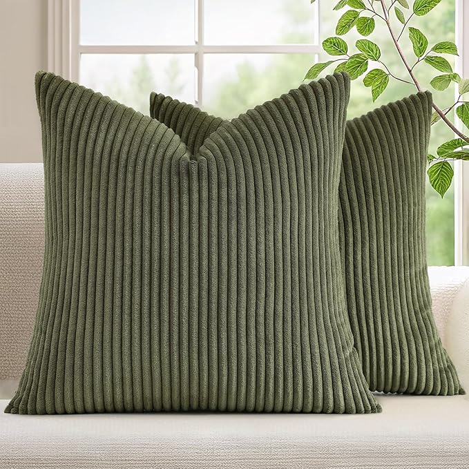 Mecatny Corduroy Decorative Throw Pillow Covers 26x26 Set of 2 for Sofa Living Room, Soft Neutral Boho Couch Pillow Covers for Home Decor, Olive Green