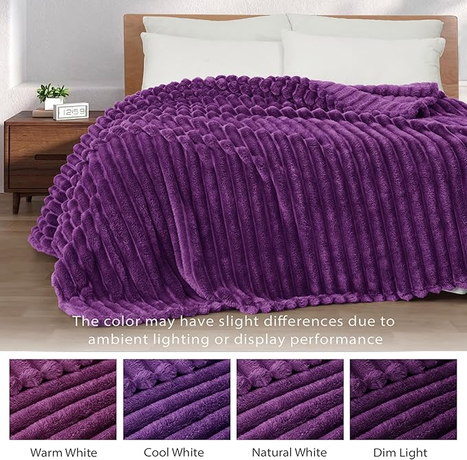Exclusivo Mezcla Twin Size Flannel Fleece Blanket, Super Soft Striped Jacquard Bed Blanket, Lightweight Fuzzy Cozy for All Seasons, 60x80 Inches, Purple