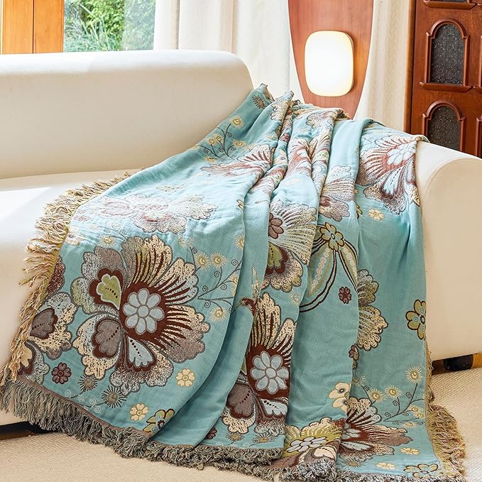 King Boho Throw Blanket 91" x 98", 100% Organic Cotton Breathable Skin-Friendly Ultra Soft Bed Quilt Blue Throw - Floral Rustic Decor Luxury Reversible Blanket for Sofa Couch Chair and Gift