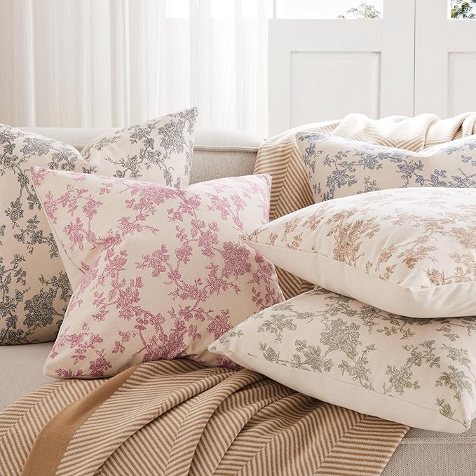 100% Cotton French Pastoral Throw Pillow Covers Set of 2, 18x18 Inch Green Farmhouse Decorative Cushion Covers for Sofa Bed Living Room Home Decor