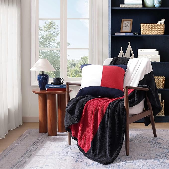 Tommy Hilfiger - Blanket, Ultra-Soft Baby Sherpa Throw Blanket for Bed or Couch, Medium Weight Blanket with Tailored Hem for Year Round Comfort (Iconic Flag Blue, 50" x 70")